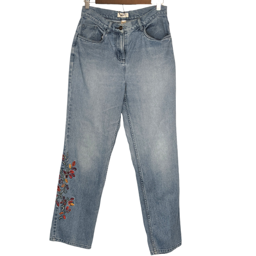 Y2K Light Wash Jeans Straight Leg Floral Embroidery High Waist Size 6 2006